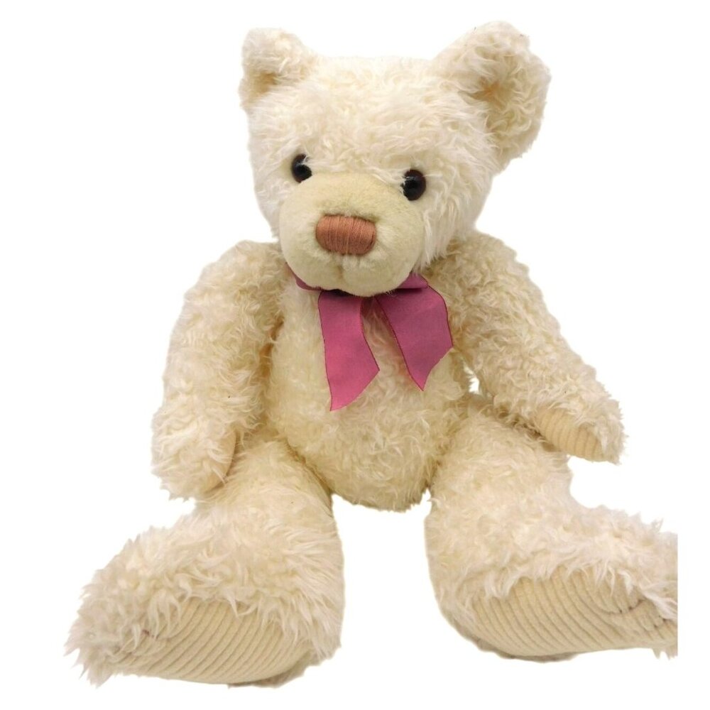 Wholesale Merchandisers Shaggy Cream Teddy Bear Plush Mauve Ribbon Corduroy Feet